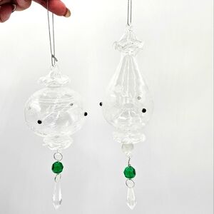 Set of Two Exquisite Etched Glass Ornaments in Green